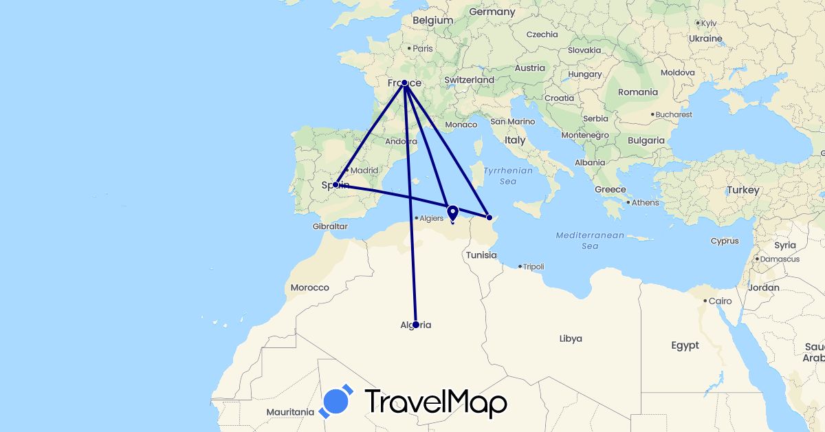 TravelMap itinerary: driving in Algeria, Spain, France, Tunisia (Africa, Europe)